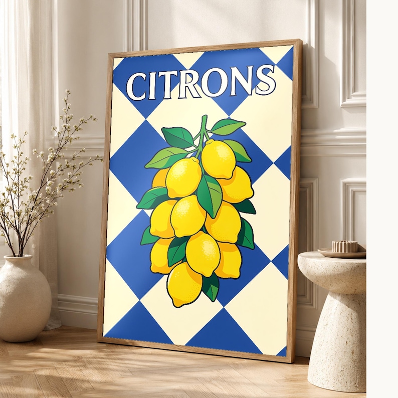 Lemon Kitchen Wall Art Print | Retro Bistro Citrus Poster | French Maximalist Kitchen Print | Dining Room Decor image 1