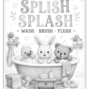 Impresión de arte de pared de baño para niños | Póster al ras del cepillo de lavado Splish Splash | Linda decoración del baño del cuarto de imagen 10