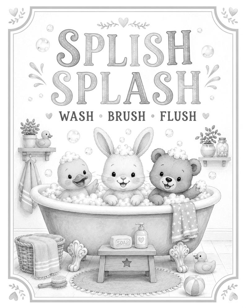 Impresión de arte de pared de baño para niños | Póster al ras del cepillo de lavado Splish Splash | Linda decoración del baño del cuarto de imagen 10