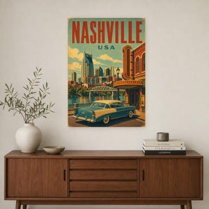 Nashville Travel Poster | Vintage 1950s Music City Print | Retro Tennessee Wall Art | Mid Century City Decor image 2