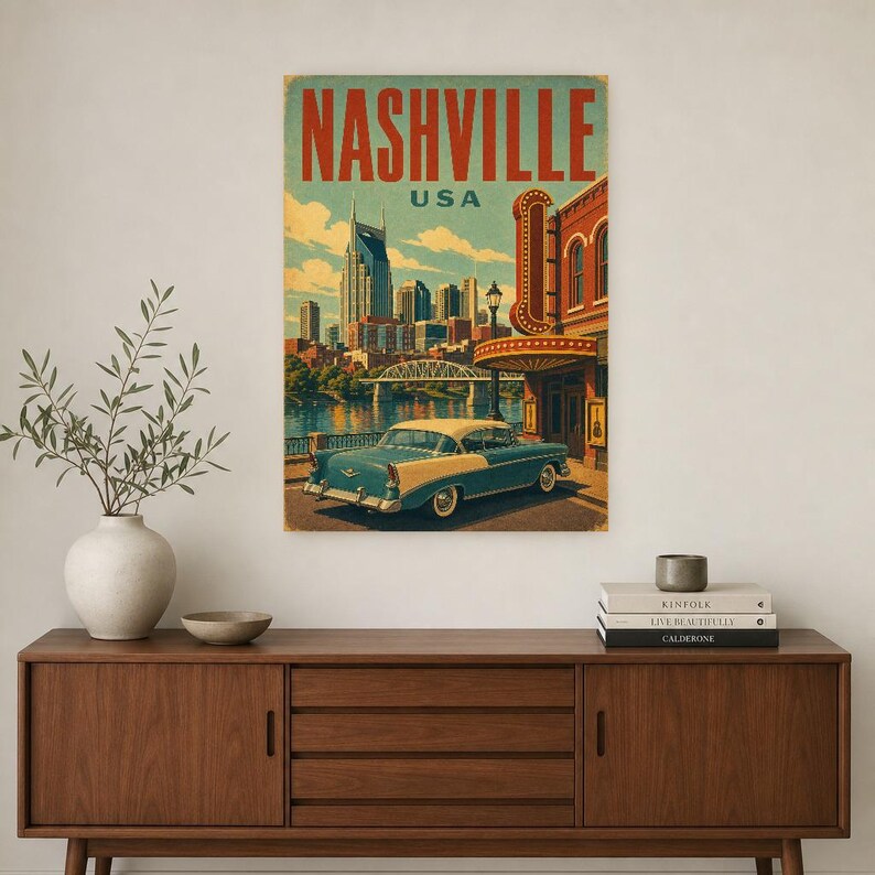Nashville Travel Poster | Vintage 1950s Music City Print | Retro Tennessee Wall Art | Mid Century City Decor image 2