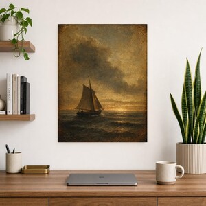 Moody Vintage Sailboat Seascape Wall Art Print | Antique Oil Painting Print | Dark Academia Coastal Decor | Tonalist Marine Poster image 8