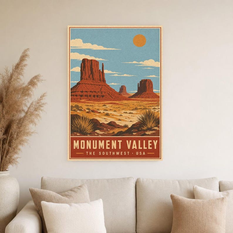 Monument Valley Reiseposter | Vintage Wüstenwandkunst | Südwesten der USA Druck | Dekor im Nationalpark-Stil | Rote Felskunst Bild 4