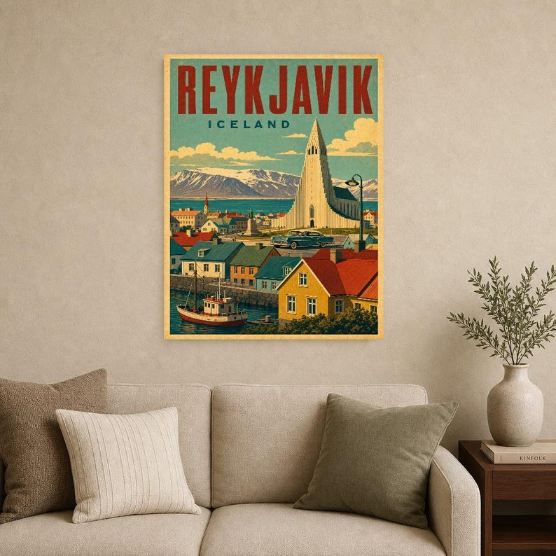 Plakat z podróży do Reykjaviku | Druk w stylu vintage z kościołem | Sztuka ścienna Islandii | Wydruk i wysyłka zdjęcie 9