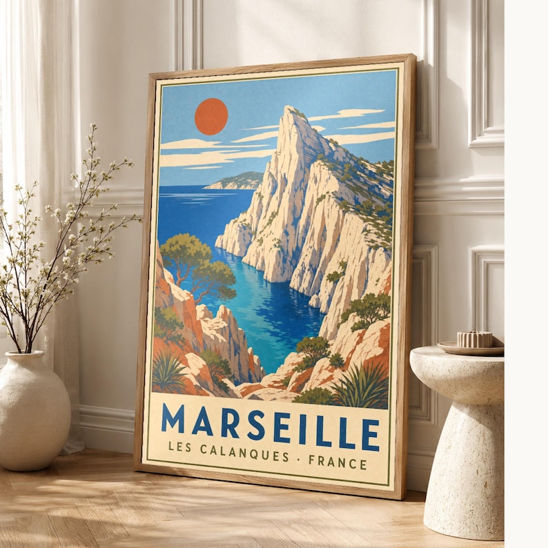 Calanques of Marseille Travel Poster | Vintage WPA Wall Art Print | French Riviera Print | Mediterranean Coast Decor | Provence Sea image 1