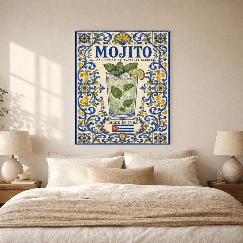 Płytka ścienna z koktajlem Mojito | Kubański plakat narodowy z napojami | Druk koszyka barowego Azulejo | Wystrój kuchni majolikowej zdjęcie 6