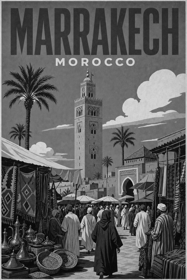 Plakat podróżniczy z Marrakeszu | Druk z targu w stylu vintage | Sztuka ścienna z Maroka | Wydruk i wysyłka zdjęcie 10