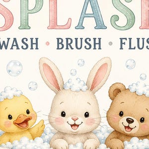 Impresión de arte de pared de baño para niños | Póster al ras del cepillo de lavado Splish Splash | Linda decoración del baño del cuarto de imagen 3