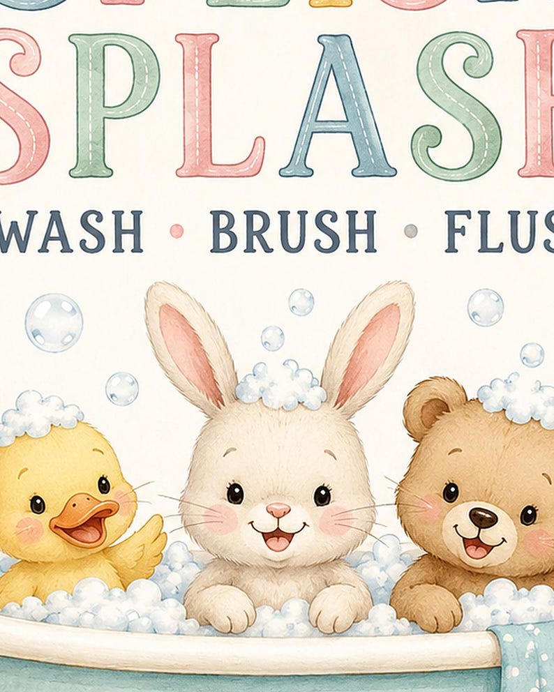 Impresión de arte de pared de baño para niños | Póster al ras del cepillo de lavado Splish Splash | Linda decoración del baño del cuarto de imagen 3