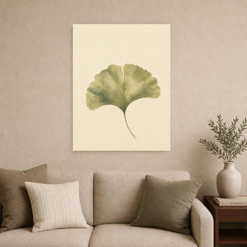 Sage Green Japandi Wall Art Print | Neutral Gallery Wall Set | Minimal Ginkgo Leaf Wabi Sabi Print image 9