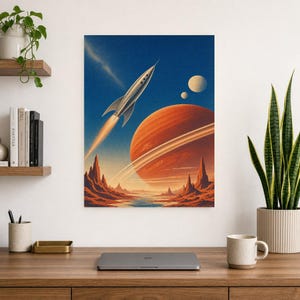 Retro Space Travel Poster | Vintage Sci-Fi Wall Art Print | Crimson Planet Rocket Art | 70s Cosmic Travel Wall Decor image 8