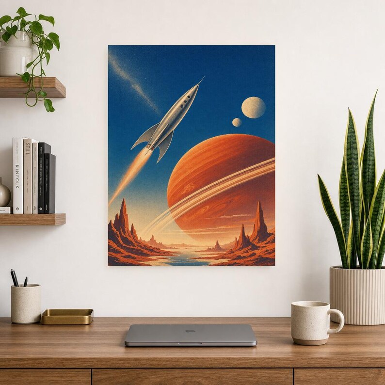 Retro Space Travel Poster | Vintage Sci-Fi Wall Art Print | Crimson Planet Rocket Art | 70s Cosmic Travel Wall Decor image 8