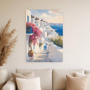 Mykonos Travel Poster | Soft Painting Greece Wall Art | Greek Island Windmills Coastal Print | Printed & Shipped image 4
