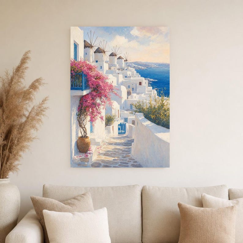 Mykonos Travel Poster | Soft Painting Greece Wall Art | Greek Island Windmills Coastal Print | Printed & Shipped image 4