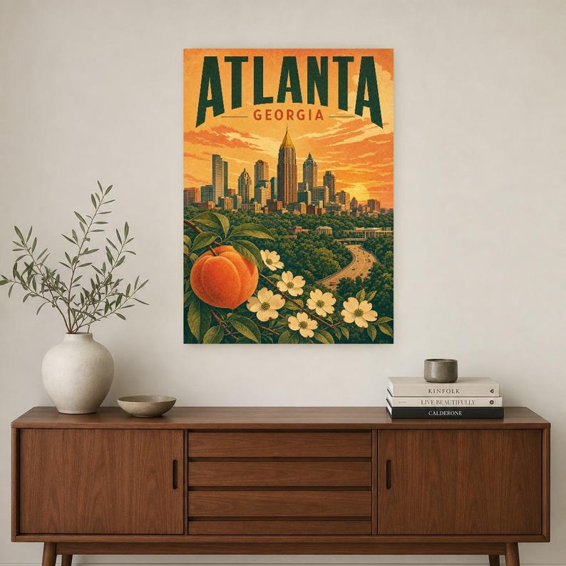 Pôster de viagem de Atlanta | Impressão vintage do horizonte da Geórgia | Arte de parede impressa da Geórgia | Decoração urbana de meados do século imagem 2