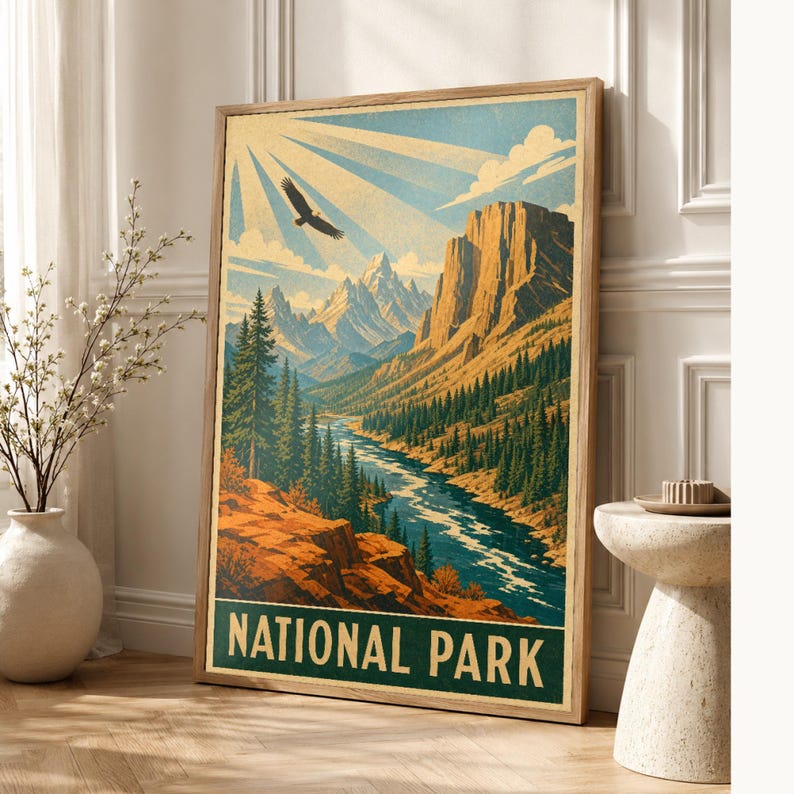 Burnt Orange National Park Wall Art | WPA Mountain Poster | Cabin Lodge Print image 1