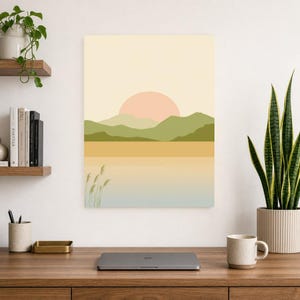 Cuadro decorativo de atardecer en la montaña verde salvia | Póster minimalista de paisaje zen | Lámina para salón con ambiente tranquilo y natural imagen 7