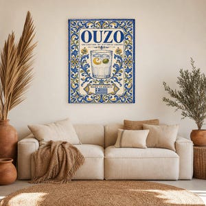 Ouzo cocktail tegel kunst aan de muur | Nationale drankposter van Griekenland | Azulejo Barwagen afdrukken | Maiolica keukendecor afbeelding 7
