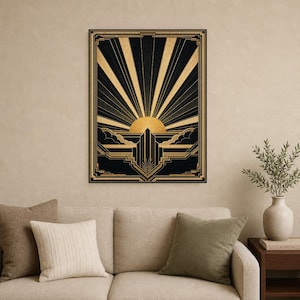 Impresión artística de pared Art Déco Sunburst | Póster geométrico negro dorado | Decoración de pared estilo Neo Deco Gatsby | Elegante esta imagen 9