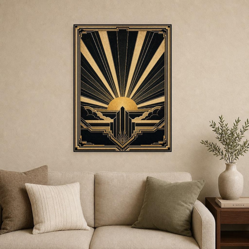 Impresión artística de pared Art Déco Sunburst | Póster geométrico negro dorado | Decoración de pared estilo Neo Deco Gatsby | Elegante esta imagen 9