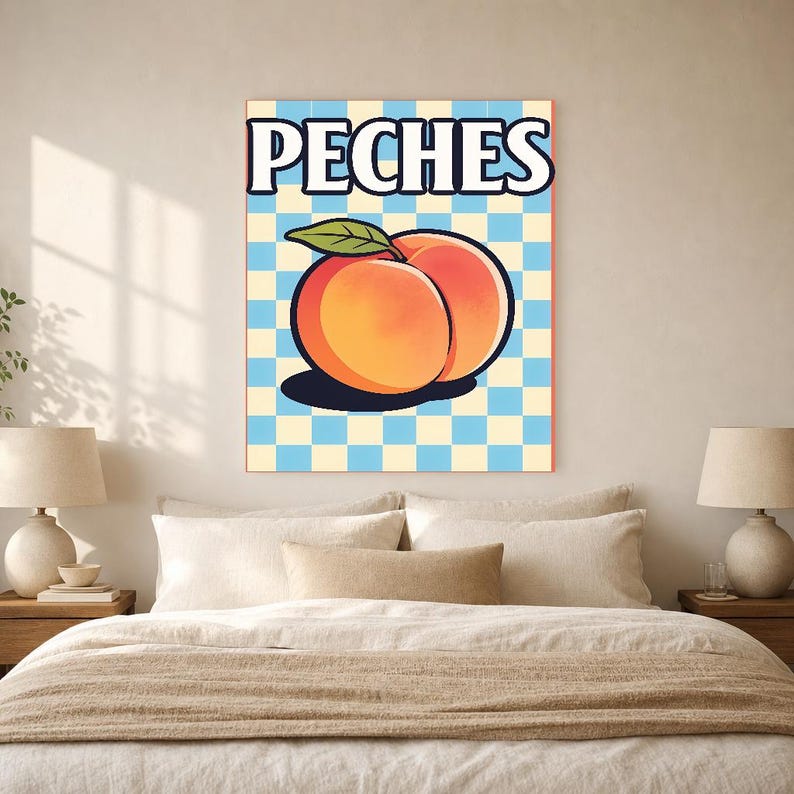 Reprodukcja ściany kuchennej w kolorze brzoskwiniowym | Plakat Owocowy Retro Bistro | Maksymalistyczna kuchnia Cottagecore Print | Wystrój j zdjęcie 6
