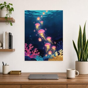 Bioluminescent Jellyfish Poster | Deep Sea Ocean Bathroom Wall Art Print | Dark Coastal Night Print image 13