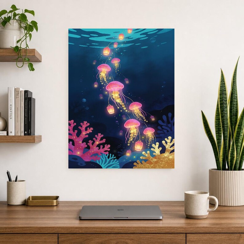 Bioluminescent Jellyfish Poster | Deep Sea Ocean Bathroom Wall Art Print | Dark Coastal Night Print image 13
