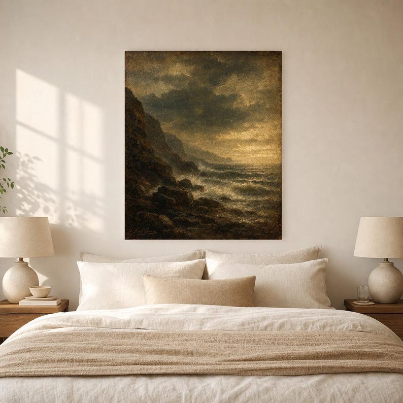 Moody Stormy Rocky Coast Wall Art Print | Vintage Oil Painting Print | Dramatic Seascape Tonalist Decor | Antique Cliff Poster image 6