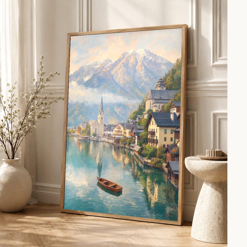 Póster de viaje de Hallstatt | Pintura suave para pared en Austria | Lámina de pueblo alpino junto al lago | Impreso y enviado imagen 1