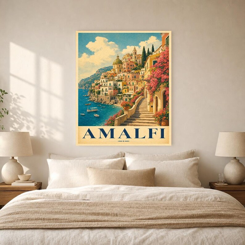 Amalfi Coast Wall Art Print | Italian Village Travel Poster | Positano Pastel Houses Print | Vintage Dolce Vita Decor | Mediterranean Art image 6
