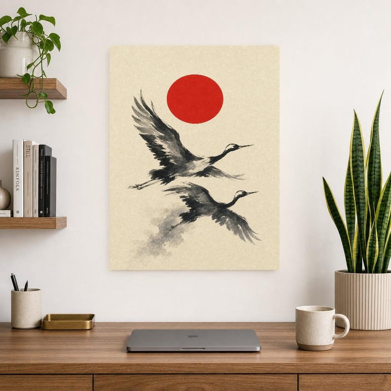 Impresión de grúa de sol rojo Arte de pared japonés | Dos grúas Sumi-e | Póster Dormitorio Wabi Sabi imagen 8