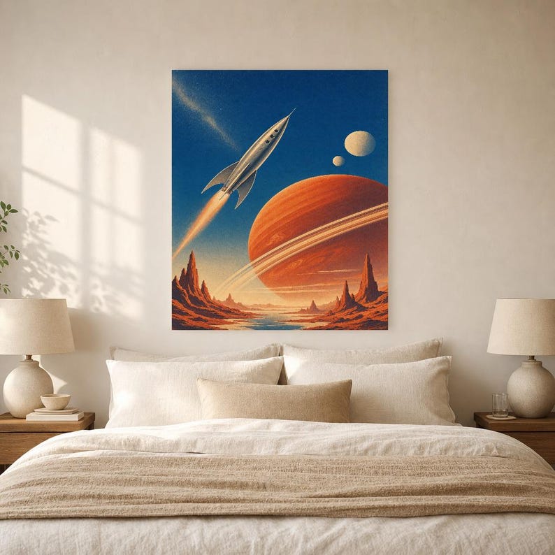 Retro Space Travel Poster | Vintage Sci-Fi Wall Art Print | Crimson Planet Rocket Art | 70s Cosmic Travel Wall Decor image 6