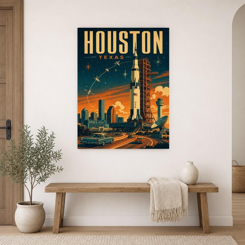 Houston Travel Poster | Vintage Space City Rocket Print | Texas Wall Art Print | Mid Century City Decor image 9