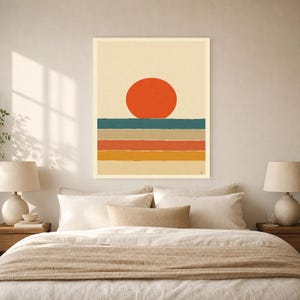Vermillion Sun Aegean Sea Wall Art Print | Mid-Century Sun Poster | Cut-Paper Minimalist Print | Teal Cream Boho Decor image 6