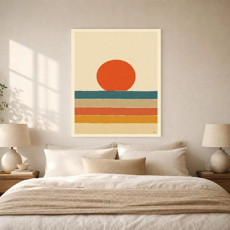 Vermillion Sun Aegean Sea Wall Art Print | Mid-Century Sun Poster | Cut-Paper Minimalist Print | Teal Cream Boho Decor image 6