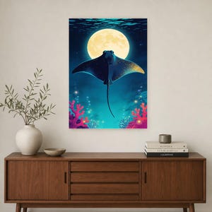 Bioluminescent Manta Ray Poster | Deep Sea Ocean Bathroom Wall Art Print | Dark Coastal Night Print image 3