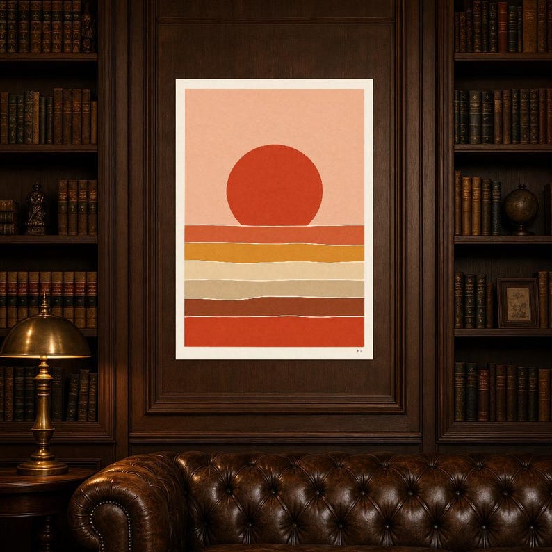 Väggkonsttryck med bränd röd sol i öknen | Minimalistisk terrakottaposter | Soltryck i papper från mitten av århundradet | Boho-inredning bild 5