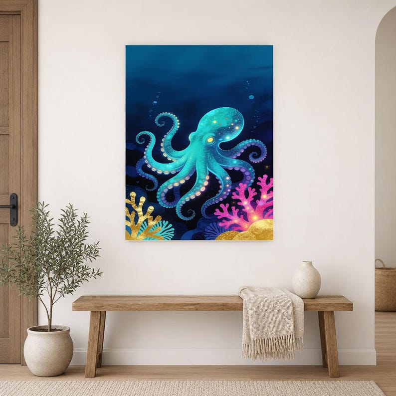 Bioluminescent Octopus Poster | Deep Sea Ocean Bathroom Wall Art Print | Dark Coastal Night Print image 14