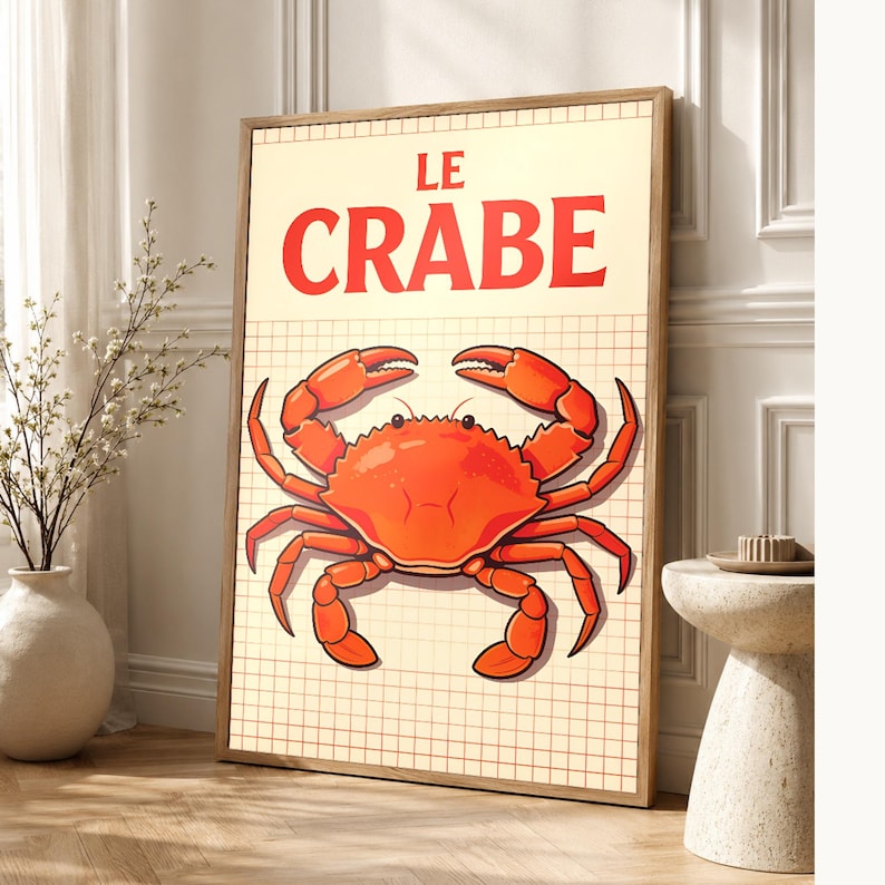 Crab Kitchen Wall Art Print | Retro Bistro Seafood Poster | Maximalist Coastal Kitchen Print | Dining Decor image 1