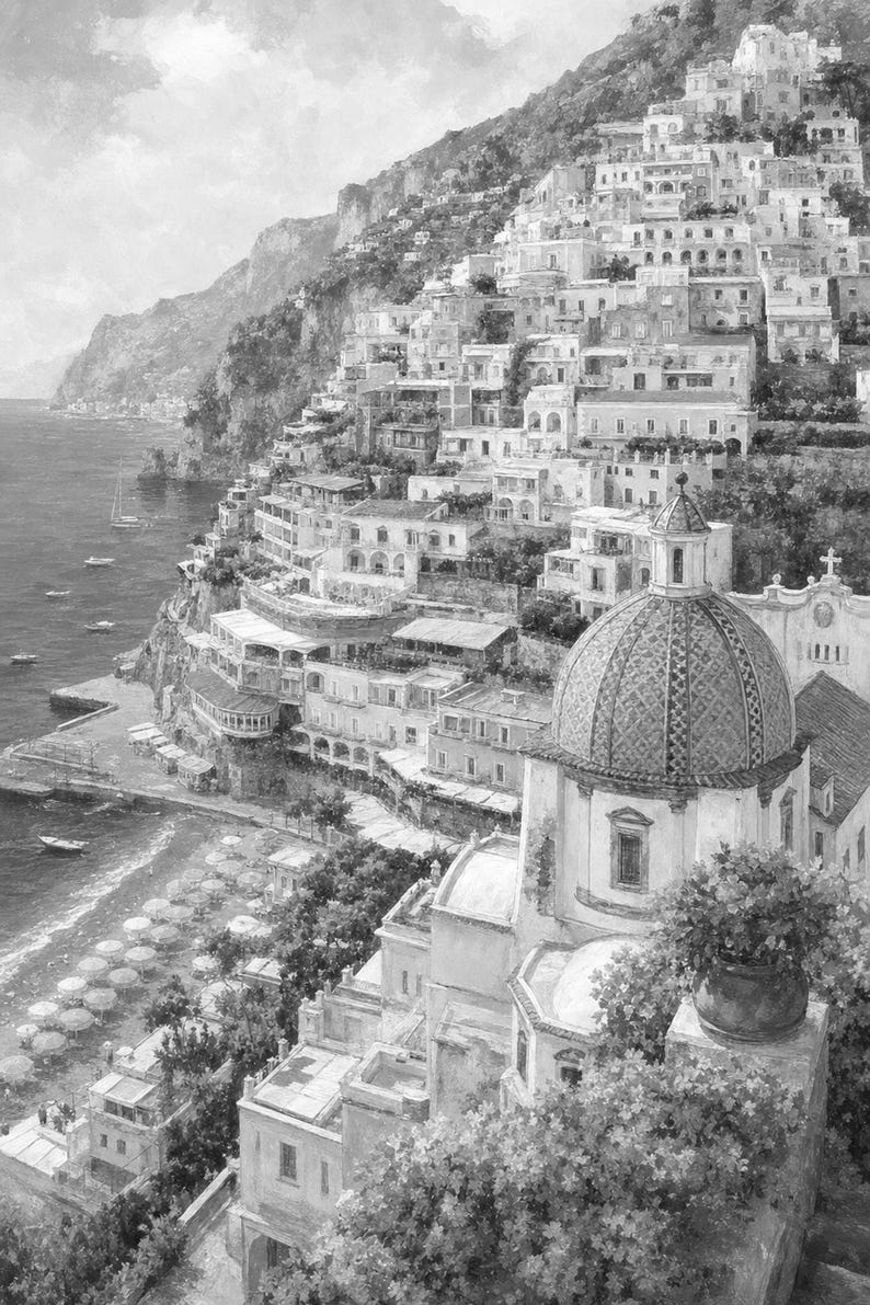 Positano reisposter | Zachte schildering Amalfikust print | Italiaanse muurdecoratie | Kustdecoratie | Gedrukt en verzonden afbeelding 10
