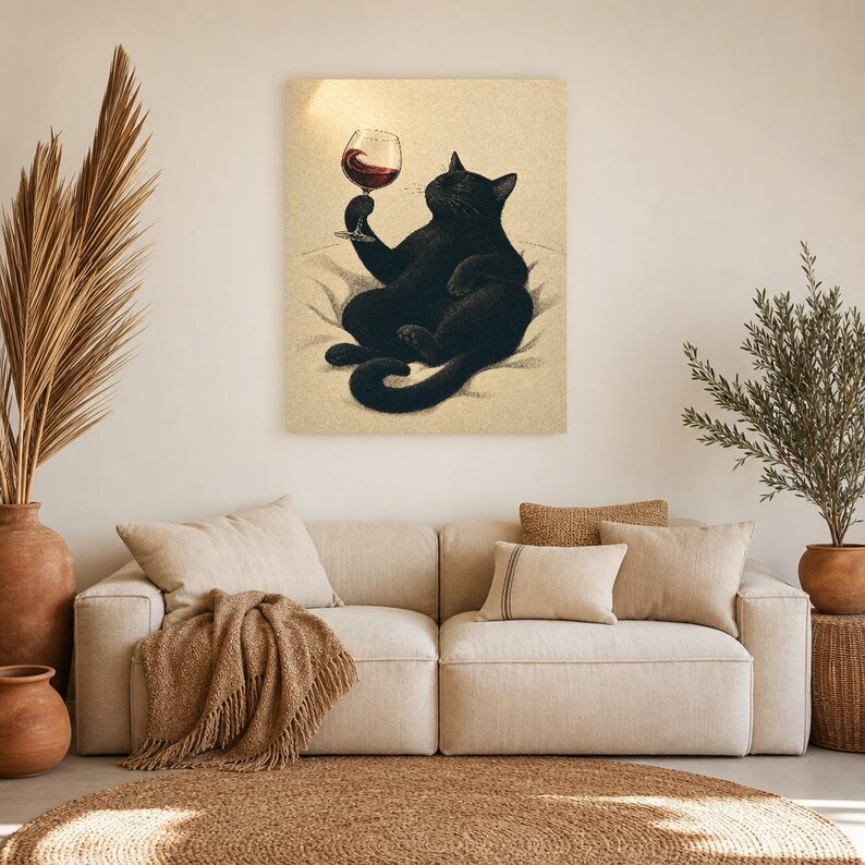 Schwarze Katze Wein Wandkunst | Rotweinglas Poster | Barwagen-Druck | Skurriles Noir Cat Club Küchendekor Bild 7