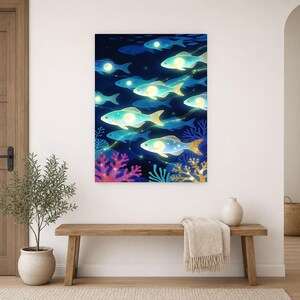 Bioluminescent Fish Shoal Poster | Deep Sea Ocean Bathroom Wall Art Print | Dark Coastal Night Print image 16