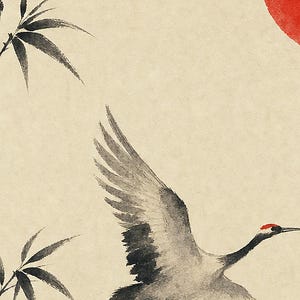 Red Sun Japandi Wall Art Print | Ink Crane and Bamboo | Sumi-e Wabi Sabi Living Room Print image 3