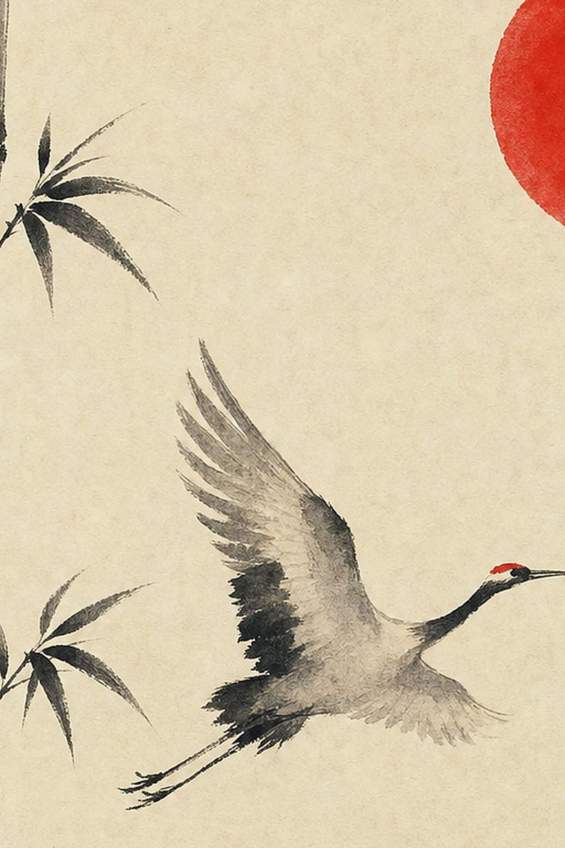 Red Sun Japandi Wall Art Print | Ink Crane and Bamboo | Sumi-e Wabi Sabi Living Room Print image 3