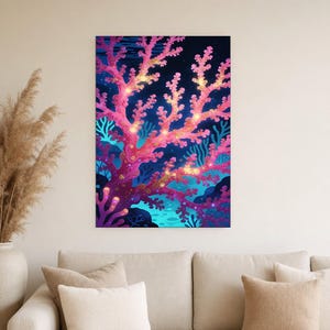 Bioluminescent Coral Reef Poster | Deep Sea Ocean Bathroom Wall Art Print | Dark Coastal Night Print image 5