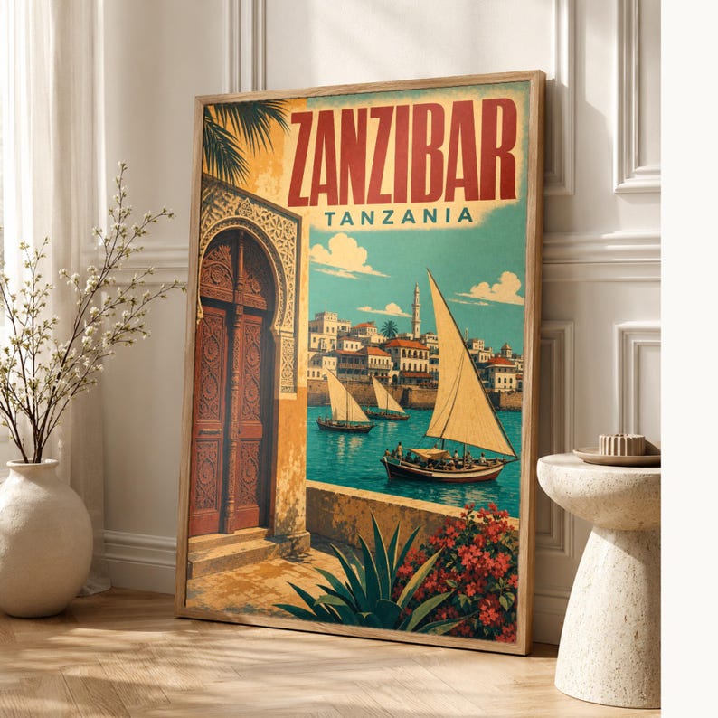 Zanzibar Travel Poster | Vintage Stone Town Print | Tanzania Wall Art | Printed & Shipped image 1