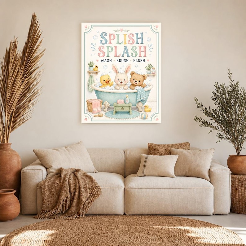 Impresión de arte de pared de baño para niños | Póster al ras del cepillo de lavado Splish Splash | Linda decoración del baño del cuarto de imagen 7