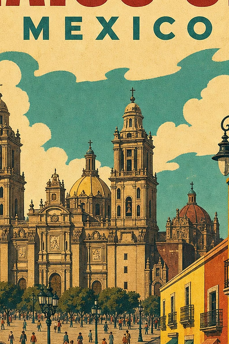Mexico City Travel Poster | Vintage Cathedral Print | Mexico Wall Art | Printed & Shipped image 3