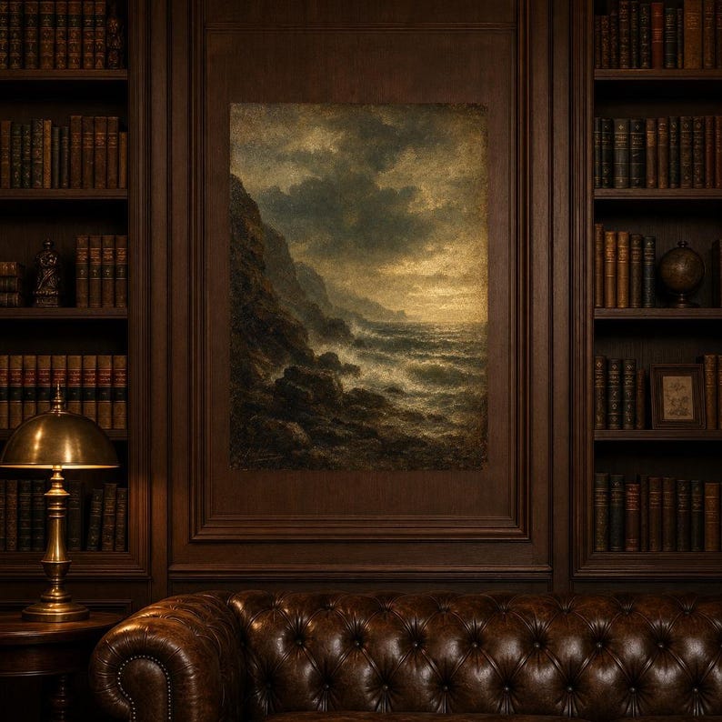 Moody Stormy Rocky Coast Wall Art Print | Vintage Oil Painting Print | Dramatic Seascape Tonalist Decor | Antique Cliff Poster image 5