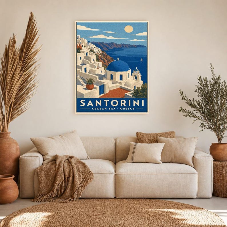 Cartel de viaje de Santorini | Arte de pared vintage de Grecia | Impresión de la Caldera del Egeo | Decoración costera azul blanca | Arte de imagen 7